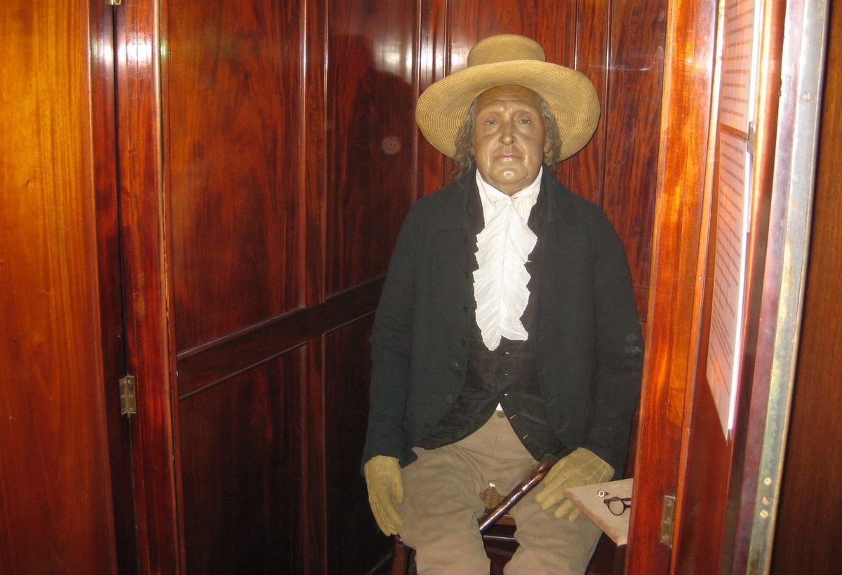 Jeremy Bentham’s preserved body, as displayed at University College London. 