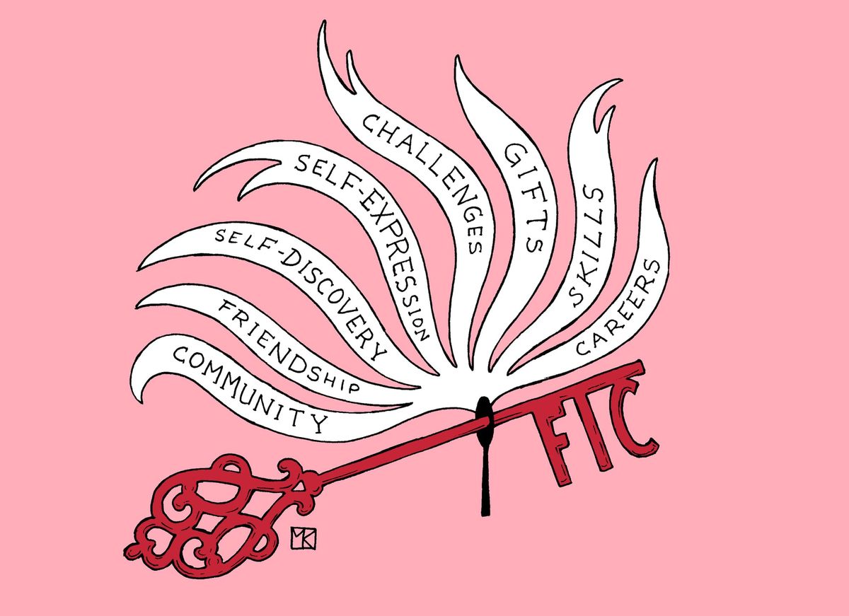 A red key whose teeth read FIC in a keyhole; from the keyhole waft COMMUNITY, FRIENDSHIP, SELF-DISCOVERY, SELF-EXPRESSION, CHALLENGES, GIFTS, SKILLS, CAREERS in white. Soft pink background.
