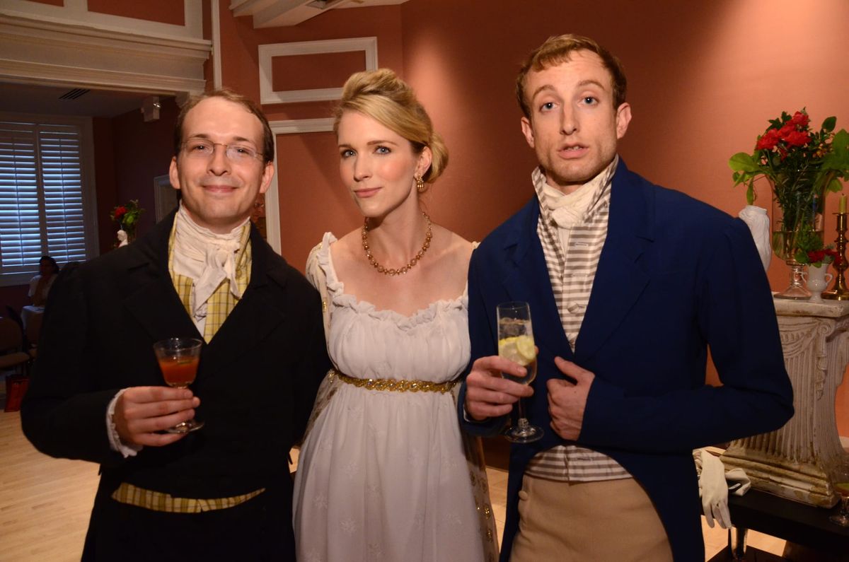 Ted Scheinman and two companions all wearing Regency attire.