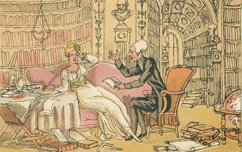 On old illustration of a woman writing and appearing to swoon into a sofa as a man apparently confronts her about what she has written. 