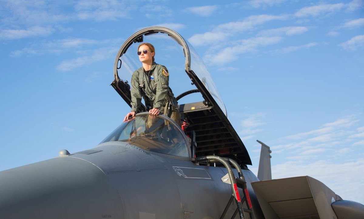Captain Marvel in an Air Force cockpit. 
