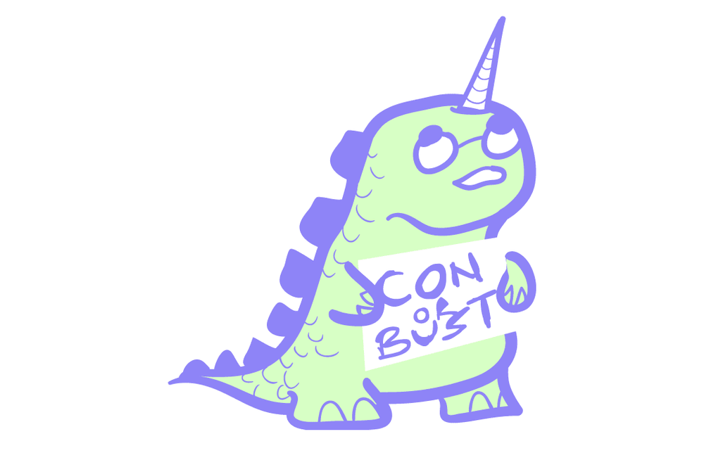 The Con or Bust logo, a dinosaur with a unicorn horn holding a sign reading “CON OR BUST.” 