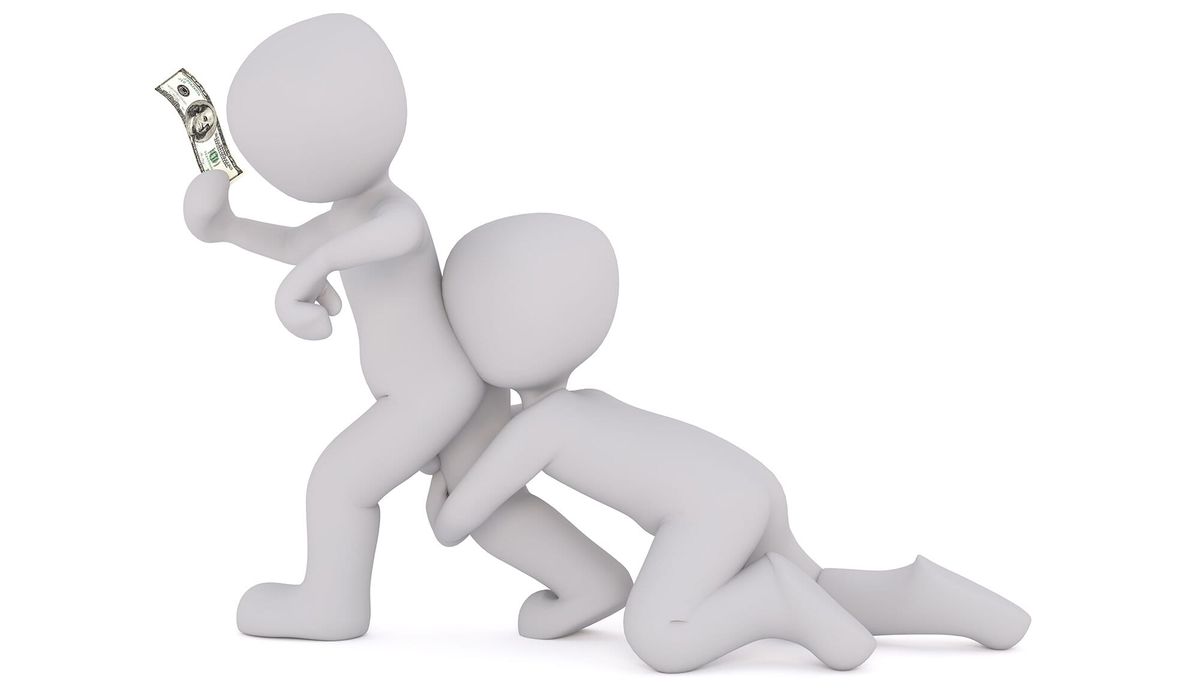 A 3D figure marches forward waving a $100 bill, while a second figure (on its knees) tugs at the back of the first figure's legs, their face either pressed against the other's back or ass.