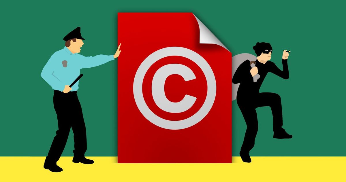 A drawing of a cop and a robber on either side of a red and white copyright symbol, suggesting copyright theft.
