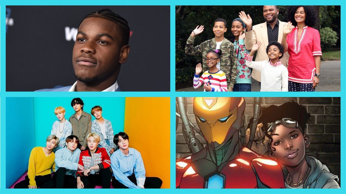 Upper left: John Boyega. Upper Right: the family from Blackish. Lower left: BTS. Lower right: Riri Williams.