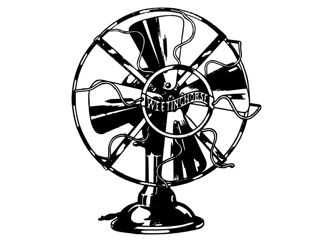 A black and white drawing of a large tabletop fan. 