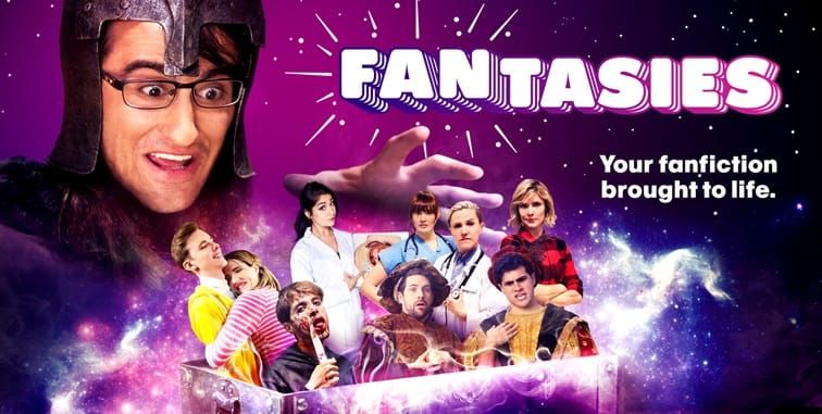 The promotional image for FANtasies featuring a man in a knight's helmet manipulating a bunch of characters, surrounded by swirling purple lights.