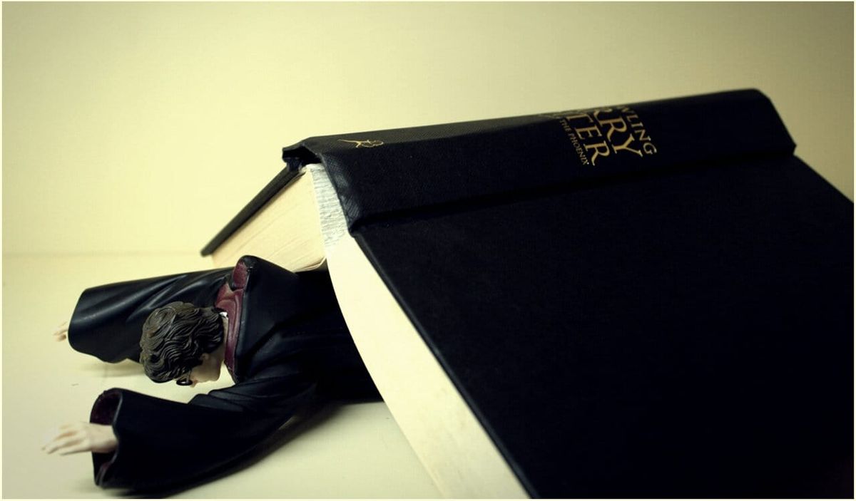 An action figure of Harry Potter smushed under a Harry Potter book. 
