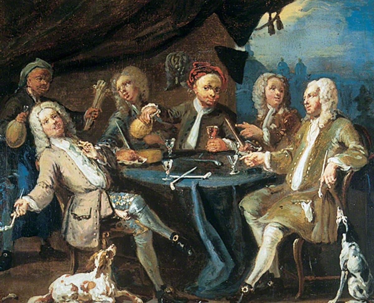 In a painting, the members of the Kit-Cat Club discourse.