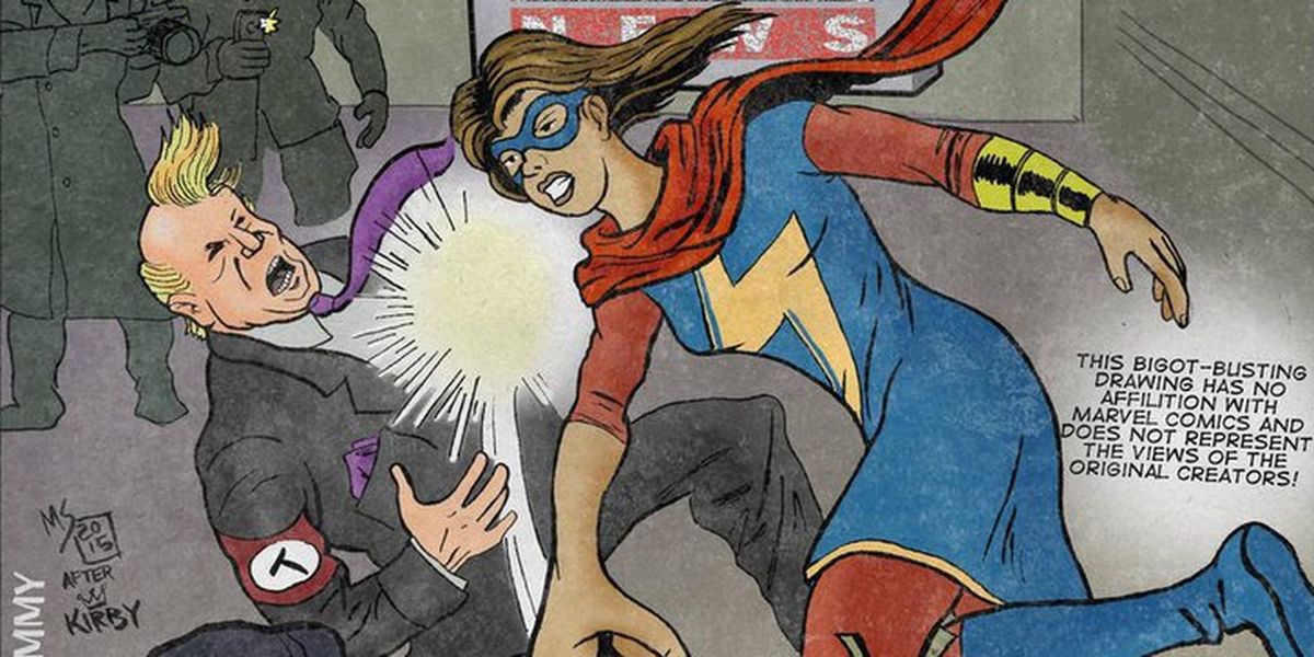 A cartoon playing on the classic cartoon of Captain America punching a Nazi, with Trump in the Nazi role and Kamala Khan in the Cap role.