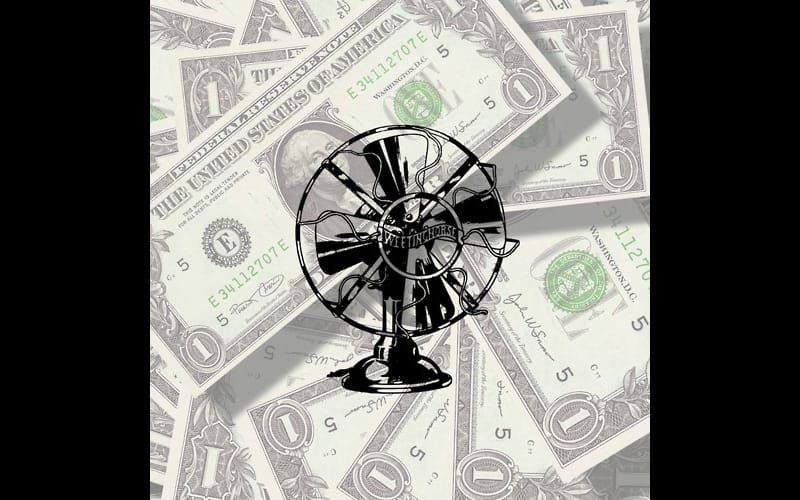 The fan logo superimposed over a pile of U.S. $1 bills. 