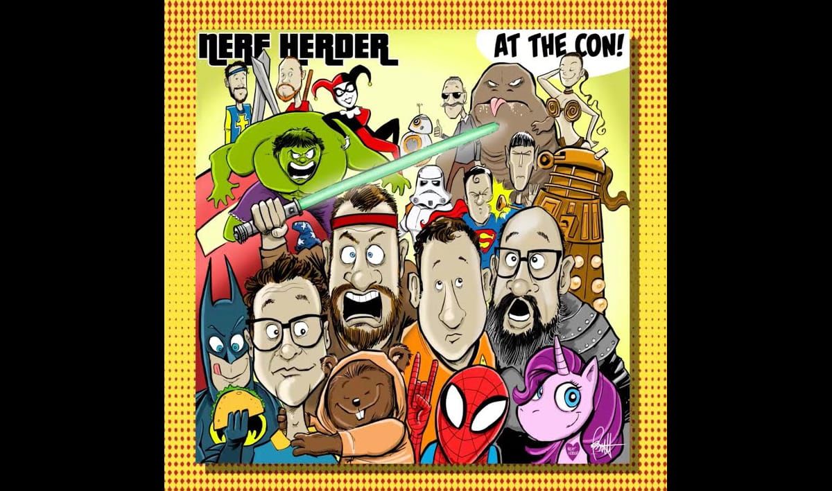 Cartoon rendering of the band Nerf Herder among a collection of recognizable pop culture figures with the text: Nerf Herder / At the con!