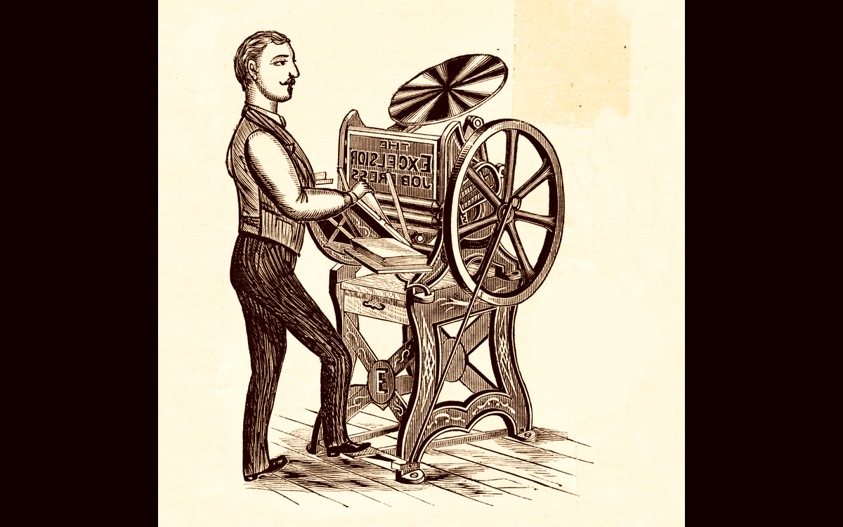Drawing of a man at an old-timey printing press