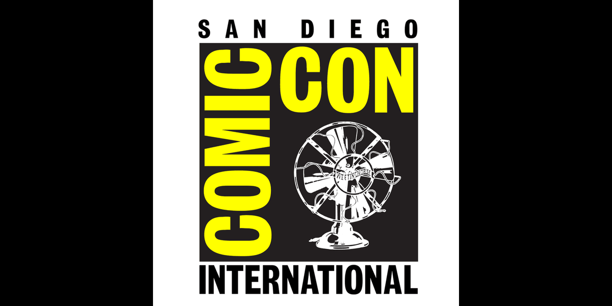 The San Diego Comic-Con logo, with a white Fansplaining fan log in the center