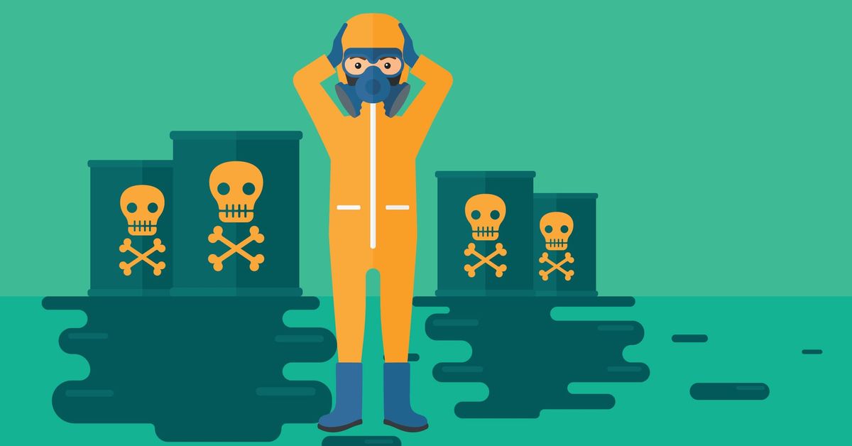 A drawing of a person in a biohazard suit clutches their head as they stand in the midst of a toxic spill. 