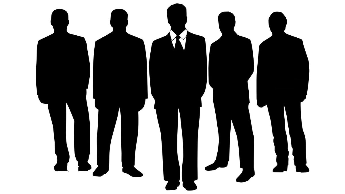 Drawing of five silhouettes of men in suits.