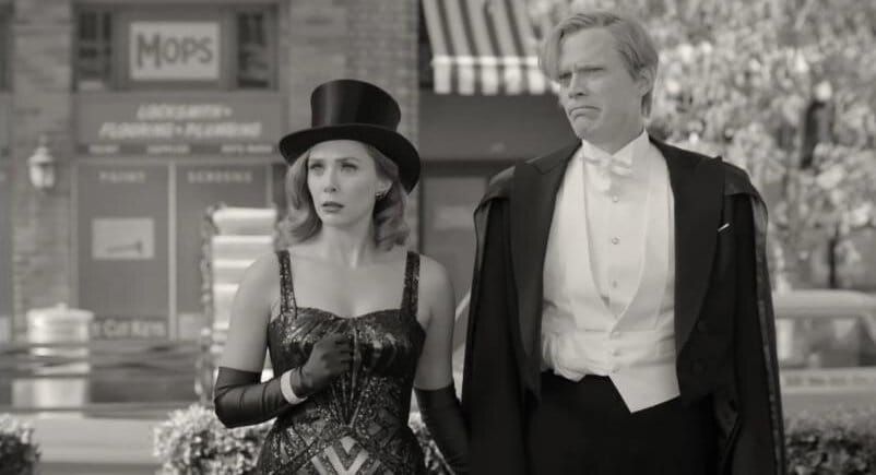  Wnada and Vision in black and white, dressed up for their magic act 