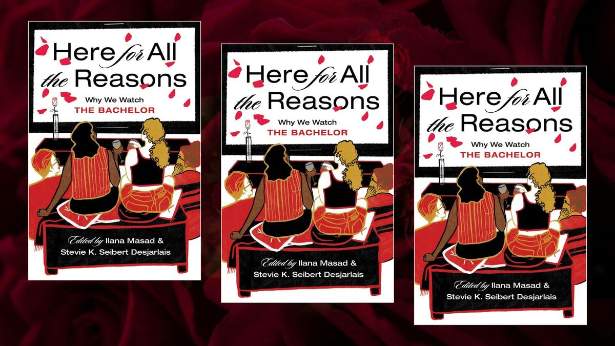 The cover of Here for All the Reasons displayed in triplicate against a rose background.