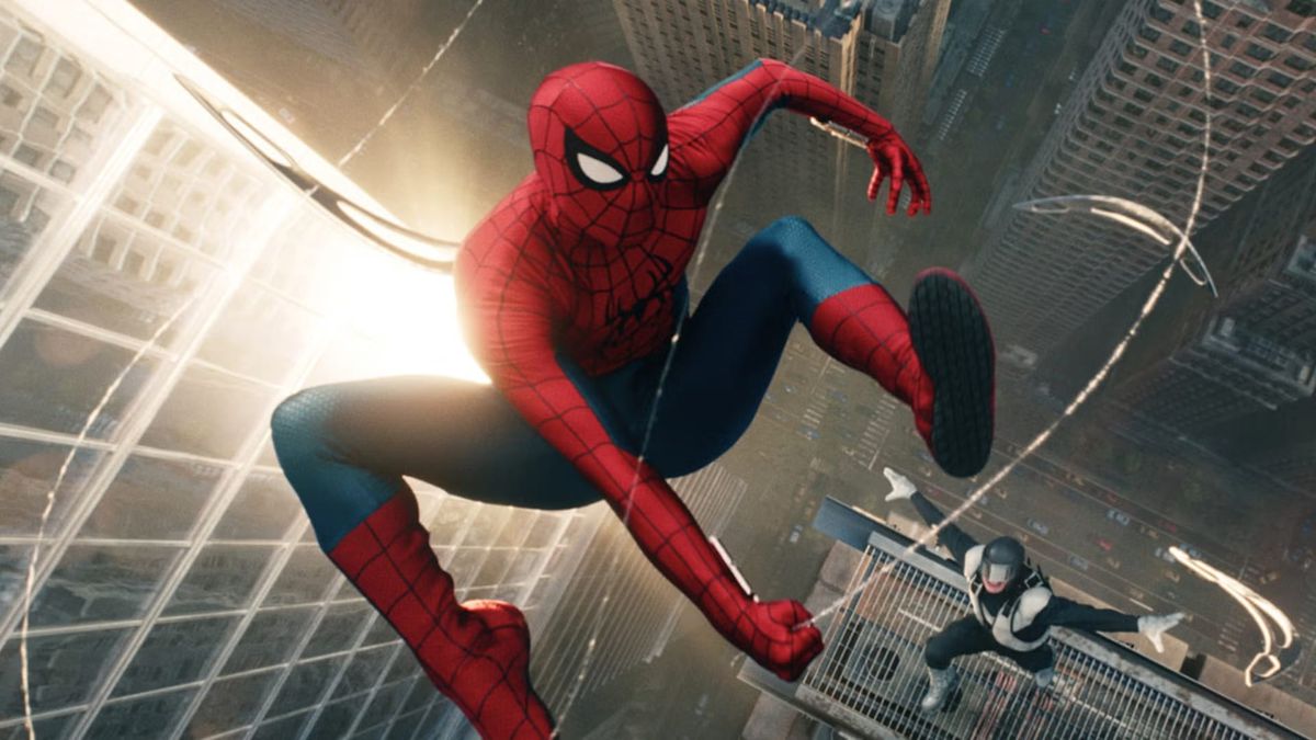 Against a bright back light, Spider-Man swings a web in mid-air high above a cityscape. Another uniformed character in a helmet stands on a platform below him in the background.