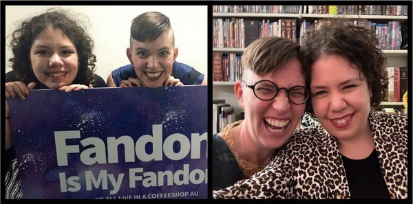 1) Flourish and Elizabeth posing behind a purple banner that says "Fandom Is My Fandom" 2) F and E in front of a set of bookshelves, F in a gold necklace and E in a leopard print blazer.
