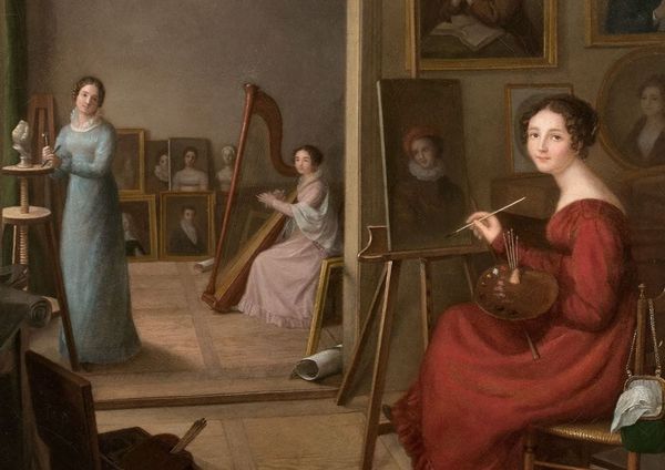 Triple self-portrait painting in which a woman depicts herself sculpting, playing the harp, and painting a portrait.