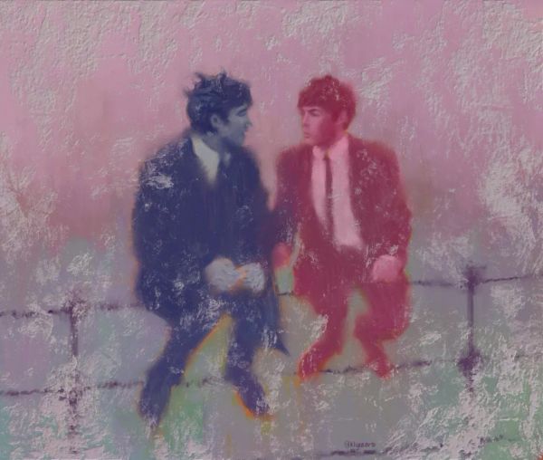 Fanart featuring John Lennon (done in shades of blue) and Paul McCartney (done in shades of red) against a pink and grey background.