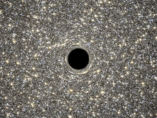Illustration of a very dense galaxy of stars—appearing as mostly gold and silver—with a large black hole in the shape of a perfect black circle sitting in the middle.