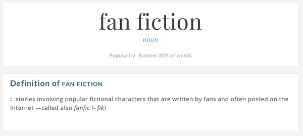  The Merriam-Webster definition of “fanfiction,” spelled “fan fiction,” with a space. 