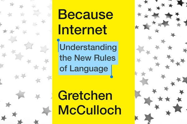 Image of the bright yellow cover of Because Internet against a background of silver stars. 