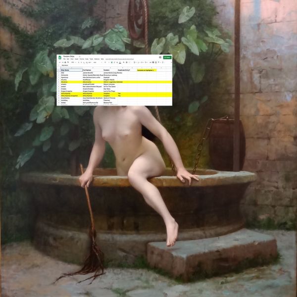 A manip of "Truth coming from the well armed with her whip to chastise mankind": A naked woman crawls out of a well, head replaced by a screencap of a google sheet titled Fandom Ships.