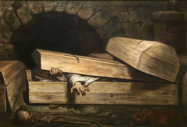 A painting of a person clawing their way out of a coffin.