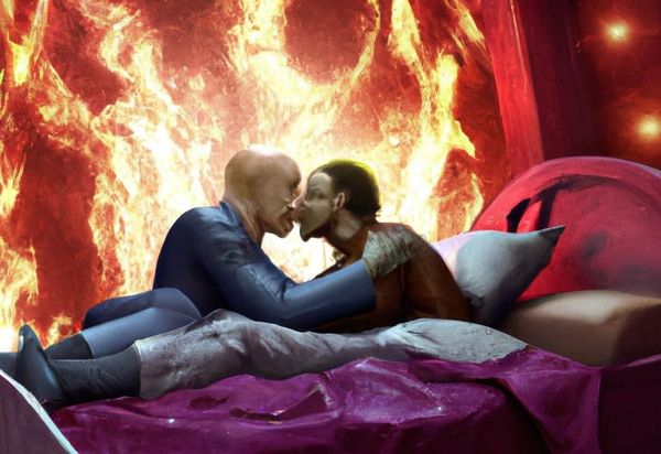 Image of two figures kissing on a bed, a large inferno burning behind them. 