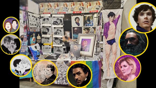 Photograph of a con booth featuring a variety of fanart for sale, with closeup cut-outs of a variety of characters in yellow circles.