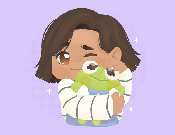 Cartoon drawing of Stitch holding a stuffed Kermit the Frog against a lilac background.