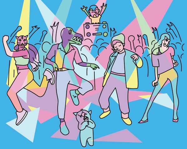 A drawing in pastel colors of figures dancing in a club.