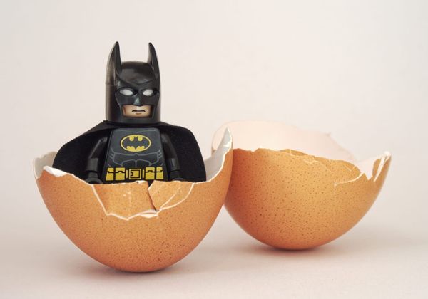  A Batman lego toy hatches out of an egg. 