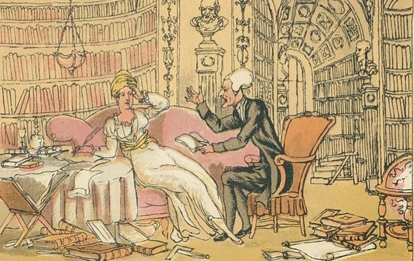 On old illustration of a woman writing and appearing to swoon into a sofa as a man apparently confronts her about what she has written. 
