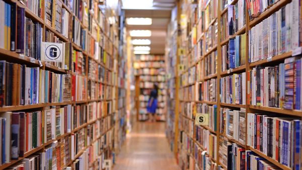 Shelves in a bookstore, with a person browsing them. 