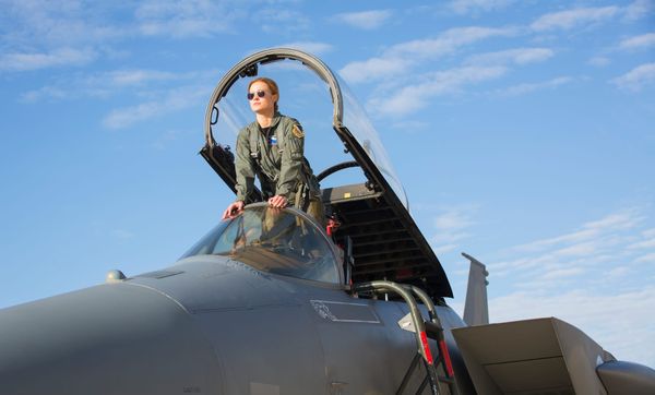 Captain Marvel in an Air Force cockpit. 