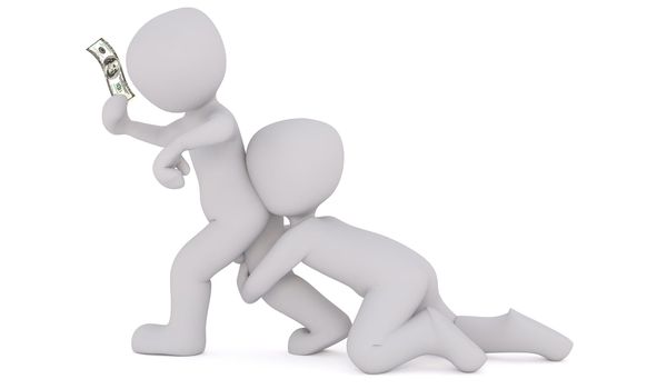 A 3D figure marches forward waving a $100 bill, while a second figure (on its knees) tugs at the back of the first figure's legs, their face either pressed against the other's back or ass.