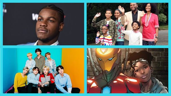 Upper left: John Boyega. Upper Right: the family from Blackish. Lower left: BTS. Lower right: Riri Williams.