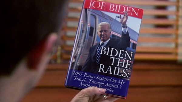 Joe Biden’s fictional book from Parks & Rec: Biden The Rails: 1001 Poems Inspired by My Travels Through Amtrak’s Northeast Corridor.  