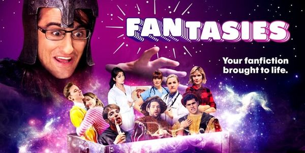 The promotional image for FANtasies featuring a man in a knight's helmet manipulating a bunch of characters, surrounded by swirling purple lights.