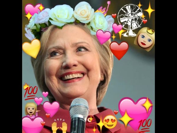 Hillary Clinton, photoshopped so that she is surrounded by positive emoji and wearing a flower crown. 