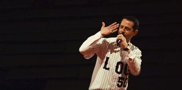 Image from Succession featuring Kendall in his L to the OG jersey rapping about his father.