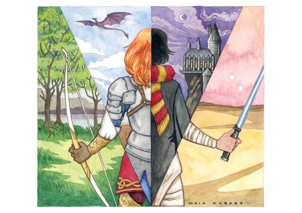 A woman from behind as if through a prism, showing multiple versions: a warrior with a bow, a knight with a dragon flying, a Hogwarts student looking at the castle, a Jedi with a lightsaber.