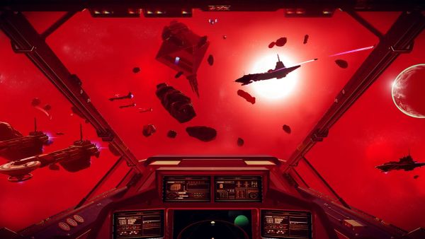 A screenshot from a video game about spaceships featuring the view from the cockpit and a red sky full of other ships and space objects.