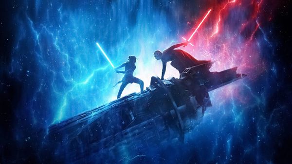 Promotional image of Rey and Kylo Ren fighting on some kind of Star Wars spaceship item, Rey bathed in blue lightsaber light, Kylo Ren with red.