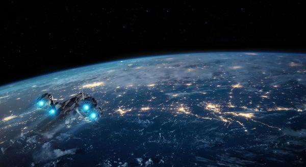  A spaceship flies over a planet. 