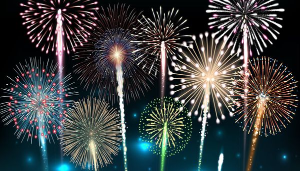 Image of a collection of starburst fireworks in multiple colors.